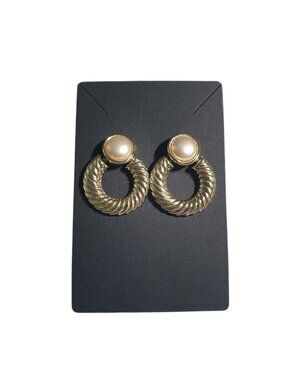 Earrings Gold Tone Rope Circle Post Faux Pearl Vintage Jewelry Retro Deco Gift